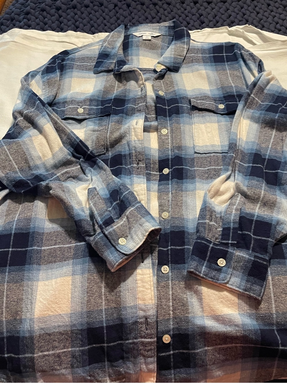 Old Navy Blue and Cream Plaid Boyfriend Shirt